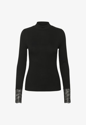 Black ribbed long-sleeve top with mock neck and sheer floral lace cuffs on sleeves.