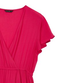 Robe portefeuille rose vif avec des manches courtes à volants, taille froncée et décolleté en V, étiquetée taille petite par Calliope.