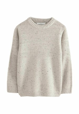 Hellgrauer gestrickter Pullover mit strukturiertem Muster und geripptem Halsauschnitt. Verfügt über feine Sprenkel und einen geraden Schnitt am Saum.