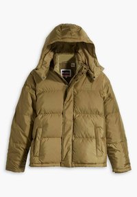 Chaqueta de plumas color verde oliva con capucha, con cierre frontal de cremallera, cierres a presión y bolsillos laterales. Fabricada con un tejido suave y aislante.