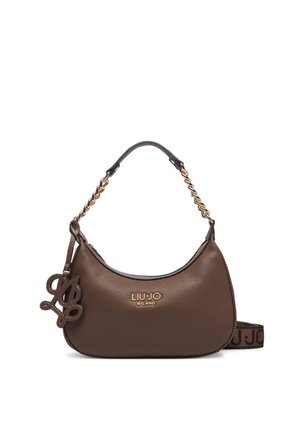 Bruine gestructureerde leren handtas met gouden kettinghandvat, versierd met een bruine leren logo charm en "LIU JO MILANO" in goud geperst.
