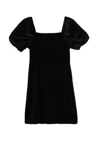 Svart klänning med fyrkantig halsringning och puffiga kortärmar. Tillverkad av glittrande tyg, med en figurnära bodice och utsvängd kjol.