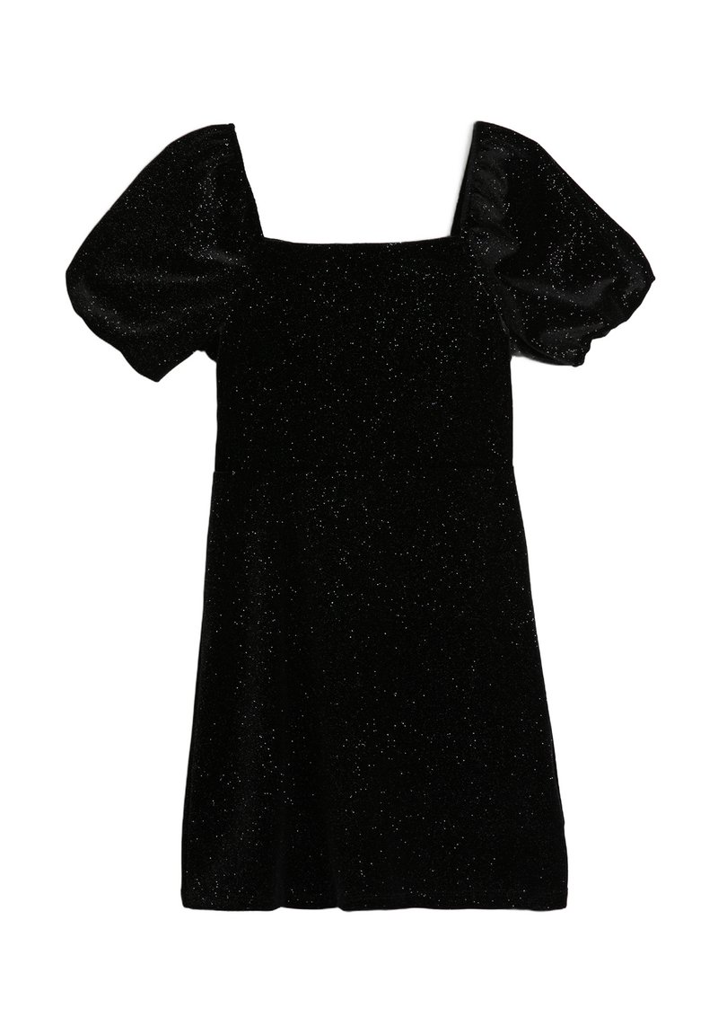 Svart klänning med fyrkantig halsringning och puffiga kortärmar. Tillverkad av glittrande tyg, med en figurnära bodice och utsvängd kjol.