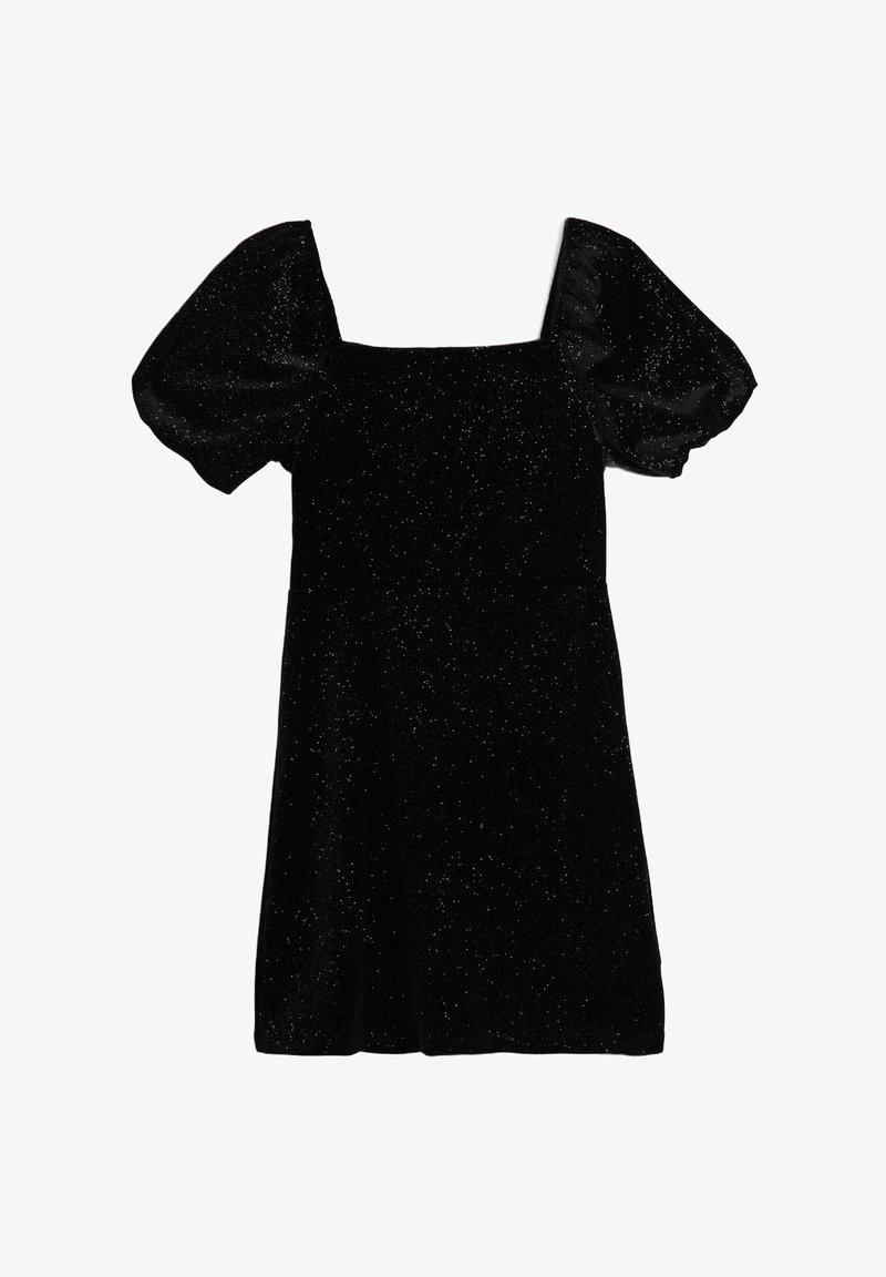 Abito nero con scollatura quadrata e maniche corte a sbuffo. Realizzato in tessuto scintillante, presenta un corpetto aderente e una gonna svasata.