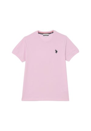 T-shirt rosa chiaro a maniche corte realizzato in cotone, con scollatura rotonda e un piccolo logo nero sul lato sinistro del petto.