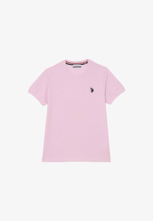 T-shirt rosa chiaro a maniche corte realizzato in cotone, con scollatura rotonda e un piccolo logo nero sul lato sinistro del petto.