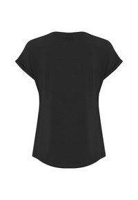 Maglietta nera a maniche corte con scollo rotondo e orlo curvo. Realizzata in tessuto morbido con una texture liscia. Senza motivi o accenti visibili.
