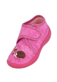 Rosa Fleece-Hausschuhe mit strukturierter Oberfläche, Klettverschluss und einem gestickten Design von einem Igel und einer Biene auf der Vorderseite. Rosa Gummisohle.