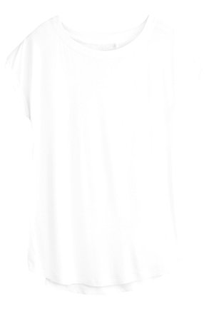 Unifarbenes weißes T-Shirt mit kurzen Ärmeln, Rundhalsausschnitt, lockerem Sitz und abgerundetem Saum.