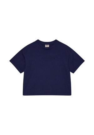 Marineblauw cropped T-shirt met korte mouwen, ronde halslijn en subtiel "HALO" logo op de borst.