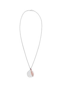 Silberne Halskette mit einem runden Anhänger, der ein geometrisches Design und ein roségoldenes Federakzent aufweist. Die Kette ist schlank und filigran.