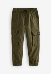 Pantalons cargo vert olive avec taille élastique, cordon de serrage, poches latérales et deux grandes poches cargo sur les cuisses. Texture lisse.