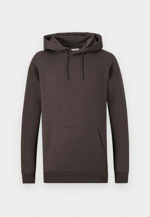Hoodie de algodão castanho com bolso canguru, capuz com cordão, punhos e bainha canelados. Textura suave, design minimalista.