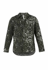 Black and green leopard print shirt with a collar, long sleeves, and a relaxed fit. Lightweight fabric with a slight sheen.