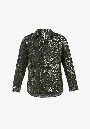 Zwart-groen leopardprint shirt met kraag, lange mouwen en een relaxte pasvorm. Lichtgewicht stof met een lichte glans.