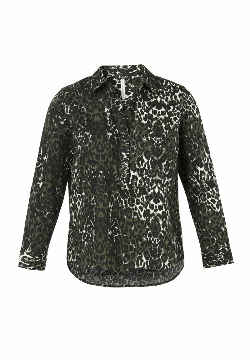 Black and green leopard print shirt with a collar, long sleeves, and a relaxed fit. Lightweight fabric with a slight sheen.
