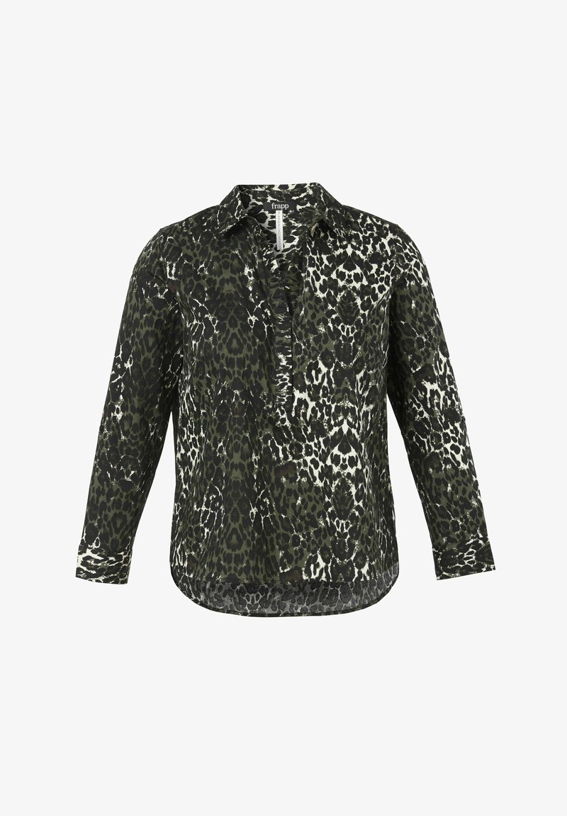 Black and green leopard print shirt with a collar, long sleeves, and a relaxed fit. Lightweight fabric with a slight sheen.