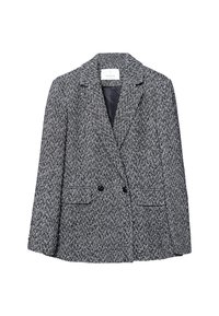 Sort og hvid houndstooth blazer med slagkrave, dobbeltknaplukning, to forlommer og glat foer.