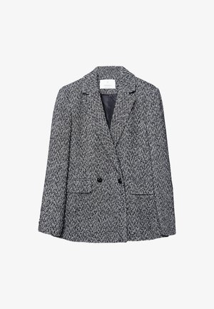 Svart och vit houndstooth-blazer med notch-lapel, dubbelknäppt front, två framfickor och slät foder.