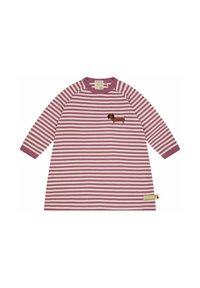 Abito a righe con maniche lunghe, caratterizzato da un ricamo di un bassotto marrone. Colori: rosa chiaro e bianco, con scollatura rotonda e tessuto morbido.