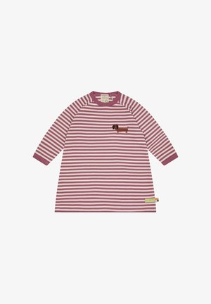 Gestreepte jurk met lange mouwen, met een borduursel van een bruine teckel. Kleuren: lichtroze en wit, met een ronde halslijn en zachte stof.