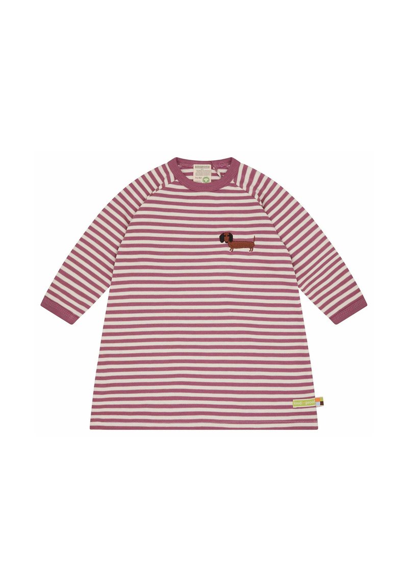Abito a righe con maniche lunghe, caratterizzato da un ricamo di un bassotto marrone. Colori: rosa chiaro e bianco, con scollatura rotonda e tessuto morbido.