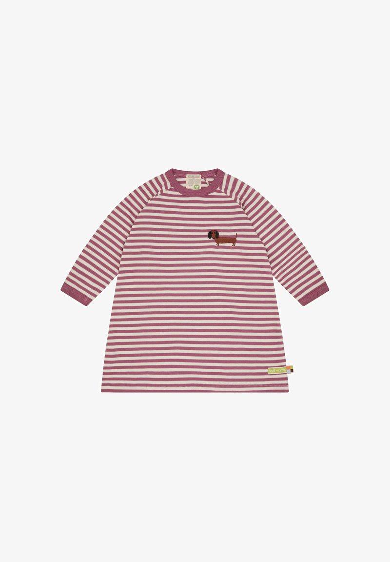 Gestreiftes Kleid mit langen Ärmeln, das eine braune Dackel-Stickerei zeigt. Farben: Hellrosa und Weiß, mit rundem Halsausschnitt und weichem Stoff.