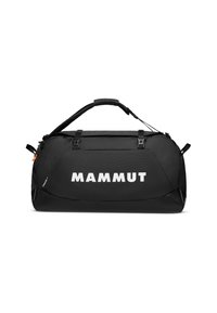 Borsa da viaggio Mammut, in nylon nero, forma arrotondata, grande logo bianco, manico in tessuto, tracolla regolabile, design resistente con chiusura a zip.