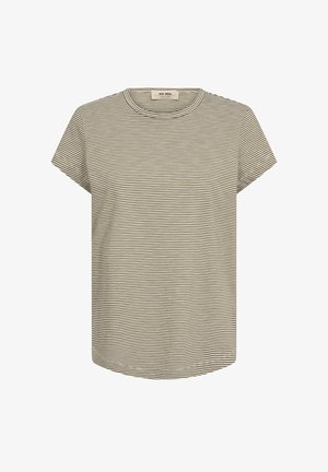 T-shirt a maniche corte con scollo tondo, sottili righe orizzontali beige e bianche, orlo arrotondato e etichetta "Mos Mosh" all'interno del colletto.