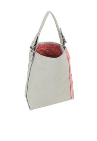 Borsa in finta pelle grigia con una texture liscia, dotata di un interno a motivo a pois rosa e un accento in corda rosa sul lato. Design strutturato e spazioso.