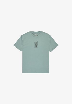 T-shirt in cotone verde chiaro con grafica centrale di un serpente e una palma, colletto rotondo, maniche corte e vestibilità standard.