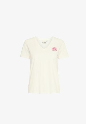 T-shirt bianco a maniche corte con scollo a V realizzato in cotone. Presenta una grafica di una conchiglia rosa sulla parte sinistra del petto. Tessuto morbido con una vestibilità comoda.