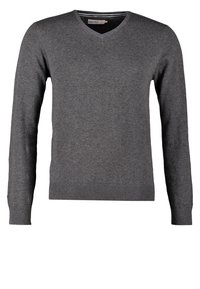 Herren grauer V-Ausschnitt-Pullover mit langen Ärmeln und gerippten Bündchen sowie Saum, präsentiert auf einem weißen Hintergrund.