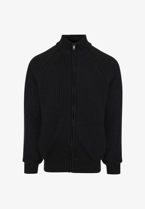 Zwarte zip-up sweater met een textuur gebreid patroon, hoge kraag en geribbelde mouwen. Beschikt over raglanmouwen en een volle rits aan de voorkant.