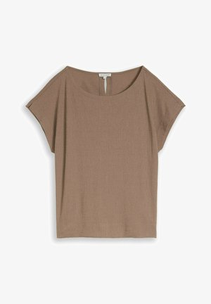 Brown short-sleeve blouse with boat neckline and back keyhole button closure, made from textured lightweight fabric.