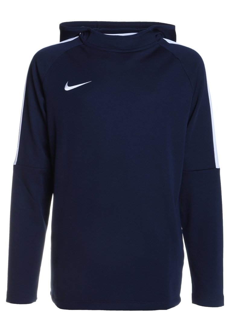 Felpa con cappuccio a maniche lunghe di colore blu navy, realizzata in tessuto morbido, con cappuccio regolabile tramite un cordino, strisce bianche sui lati e un piccolo logo bianco sul petto.