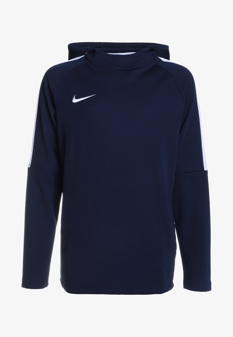 Felpa con cappuccio a maniche lunghe di colore blu navy, realizzata in tessuto morbido, con cappuccio regolabile tramite un cordino, strisce bianche sui lati e un piccolo logo bianco sul petto.