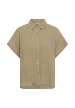 Cămășuță bej cu mâneci scurte, nasturi, guler, material texturat și croială lejeră.