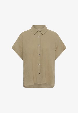 Cămășuță bej cu mâneci scurte, nasturi, guler, material texturat și croială lejeră.