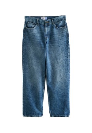 Light blue denim jeans with a wide leg design. Features distressed detailing on one side, five pockets, and a button closure at the waist.