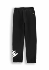 Czarne dresy wykonane z miękkiego materiału, z białym wzorem graficznym na lewej nogawce oraz elastycznymi mankietami w kostkach.