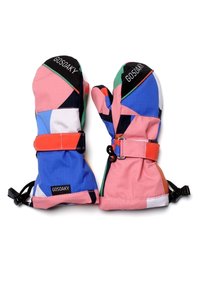 Kleurige wanten met geometrische patronen in roze, blauw, groen en zwart. Voorzien van verstelbare polsbanden en grijpstof accenten.