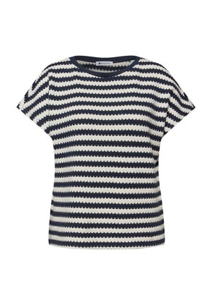 Haut en maille à manches courtes avec rayures horizontales festonnées bleu marine et blanches et un col rond.