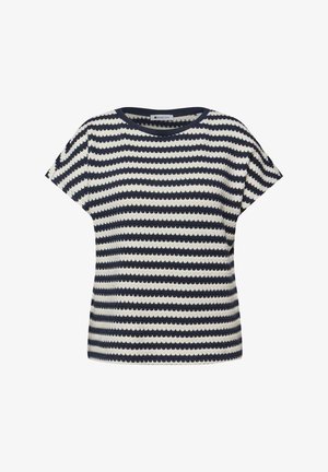 Haut en maille à manches courtes avec rayures horizontales festonnées bleu marine et blanches et un col rond.