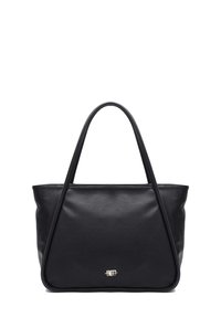 Borsa a mano in pelle nera con texture liscia, forma strutturata, doppio manico, cuciture a contrasto e un logo discreto sul davanti.