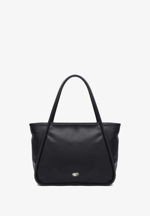 Borsa a mano in pelle nera con texture liscia, forma strutturata, doppio manico, cuciture a contrasto e un logo discreto sul davanti.