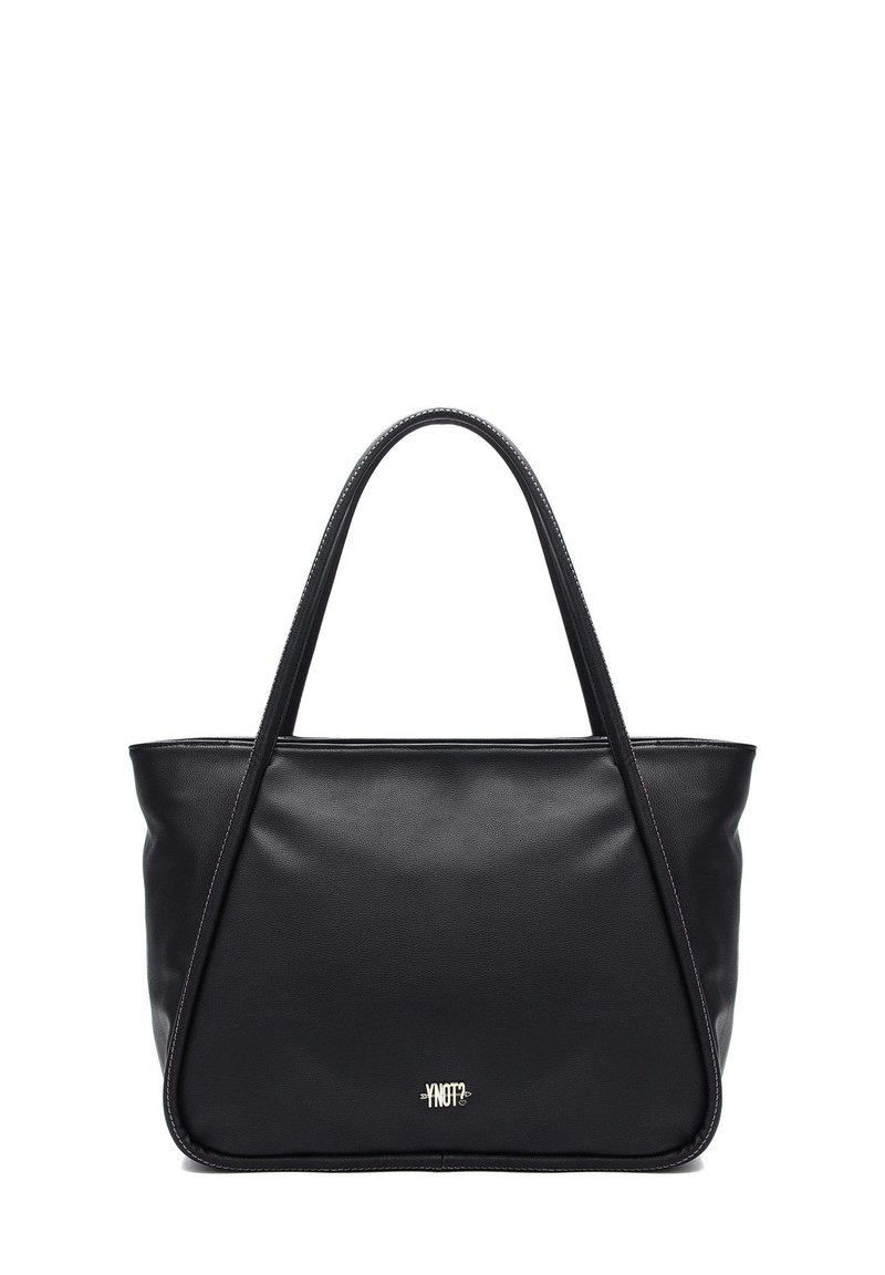 Borsa a mano in pelle nera con texture liscia, forma strutturata, doppio manico, cuciture a contrasto e un logo discreto sul davanti.