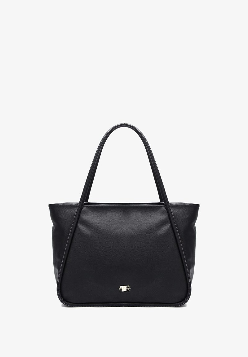 Borsa a mano in pelle nera con texture liscia, forma strutturata, doppio manico, cuciture a contrasto e un logo discreto sul davanti.