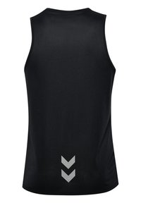 Schwarzes ärmelloses Sport-Top mit strukturierter Oberfläche und silbernem Chevron-Muster am unteren Rücken. Schlichtes Design, leichtes Material.