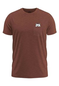 Bruin kortärmig T-shirt van textuurstof, met een borstzakje waarop een cartoonbeer met een hoge hoed staat afgebeeld.